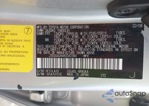 2008 Toyota Highlander Limited from USA, damaged, VIN JTEDS42A482042384